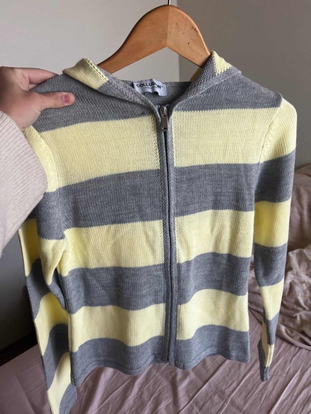 Collusion Women’s Zip Hoodie Cardigan - Yellow & Gray Stripes